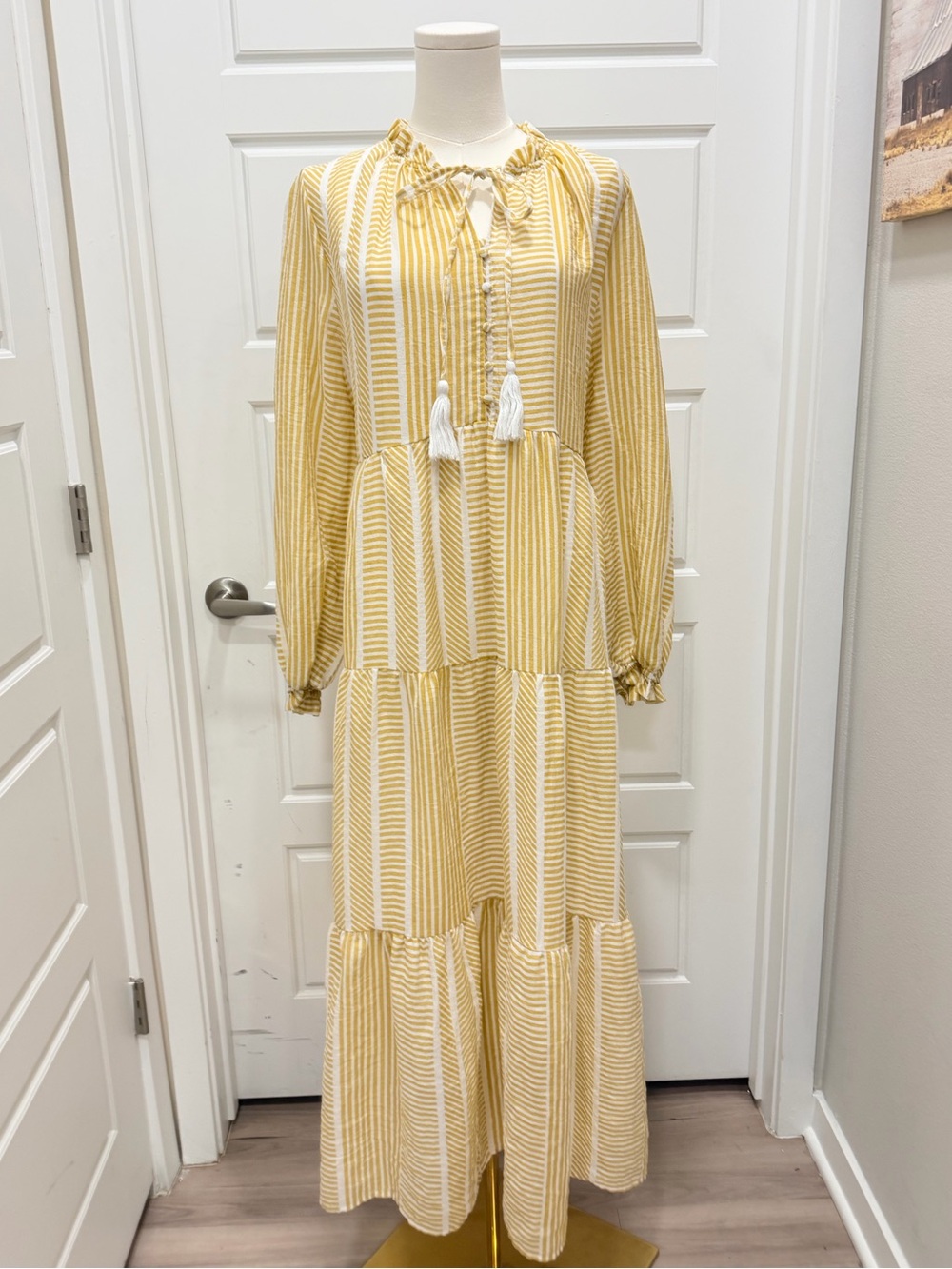 Polagram Yellow and White Striped Tiered Maxi Dress with Tassel Tie